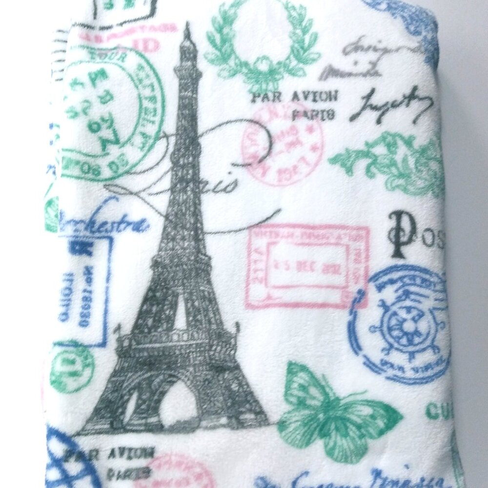 Paris Postmark Throw Blanket - White with Green, Blue & Pink Accents